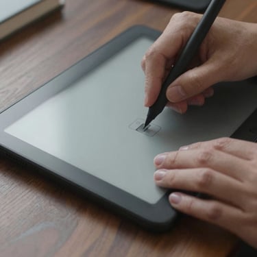 Close-up of hands gently interacting with the single physical button of a matte glass e-paper writing tablet on a dark oak desk.