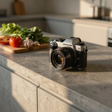 Macrotab Kitchen Recipe Hub resting on a concrete kitchen counter next to fresh ingredients, soft afternoon golden hour light.