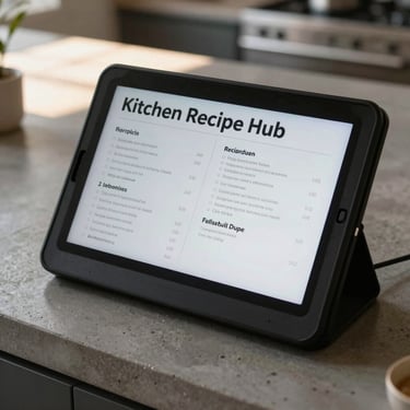 Close-up of the Kitchen Recipe Hub on a concrete counter, splash-resistant matte screen showing a clean recipe layout, soft afternoon light.