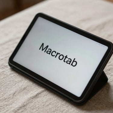 Close-up macro shot of the Macrotab Ambient Dashboard on a linen-draped table, showing clean minimalist typography on a matte screen.