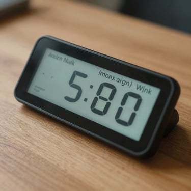 Close-up macro shot of the Ambient Dashboard sitting on a matte oak desk, showing clean typography on a matte glass screen under soft morning light.