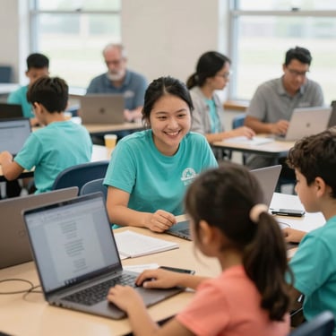 Candid medium shot of a Missouri family participating in a digital learning workshop, smiling, warm natural daylight.