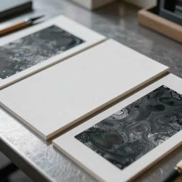 Macro shot of physical design materials, heavy textured white paper stocks and deep charcoal ink plates resting on a clean steel studio table under cool, diffused daylight.