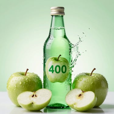 Macro studio shot of a 400ml Apple flavor bottle, electric green apple splash, crisp sliced apples, studio strobes.