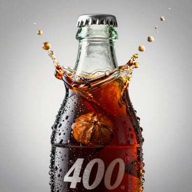 Macro studio shot of a 400ml Cola flavor bottle, dark red liquid splash, fresh kola nuts, heavy condensation, dramatic rim lighting.