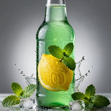 Macro studio shot of a 400ml Lemon Mint bottle, vibrant green and yellow citrus splash, fresh mint leaves, ice cubes, high contrast.
