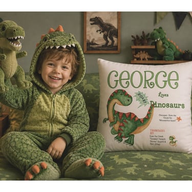 Young boy dressed in a dinosaur onesie holding a dinosaur toy beside a personalised dinosaur cushion