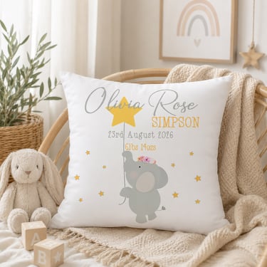 personalised new baby cushion showing name, birth date & weight with elephant by Bunting & Beau