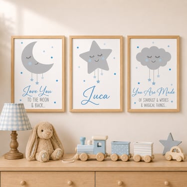 personalised moon stars & cloud nursery prints for baby boy by bunting & Beau