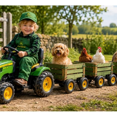 Little boy wearing John Deere overalls driving a toy tractor with a dog, chickens and rabbits in trailers