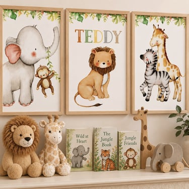 Set of three personalised safari animal nursery prints featuring an elephant, lion and zebra in a ch