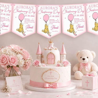 Personalised pink winnie the pooh christening bunting displayed above a christening cel