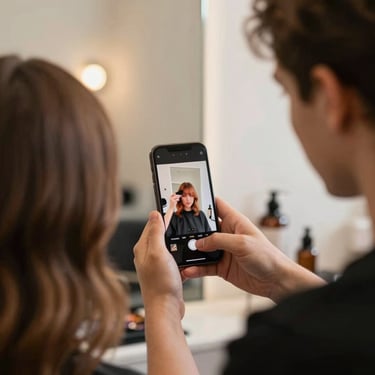 An over-the-shoulder shot of an art director holding an iPhone, framing a stylist mixing color in a beautifully designed warm-toned salon, soft natural light.