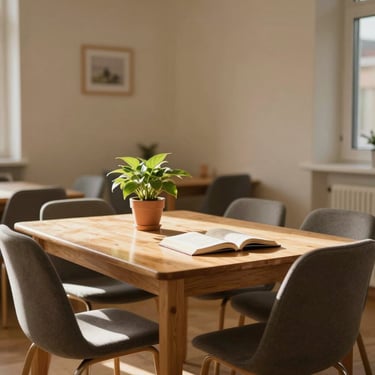 Warm interior shot of a care home common room in Munich, afternoon sunlight falling across a wooden reading table with a potted plant and open book, empty chairs suggesting a lived-in space, soft cream walls, no people present