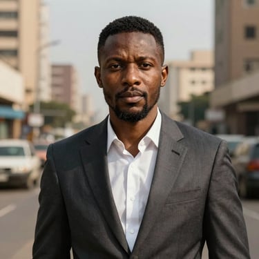 Editorial portrait of a male brand strategist, warm natural light, Lagos urban backdrop softly blurred in the background.