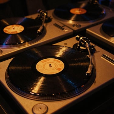 Extreme close-up of vinyl decks and glowing soundboards in a dark London club, dramatic amber light leak, gritty 35mm grain.