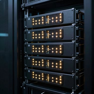 A sharp macro shot of server rack blinking LED lights in a cool-toned dark data center, representing internet backbone infrastructure.