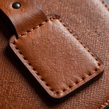 Macro photography of a debossed leather patch on canvas showing deep branded lines and rich tan texture.