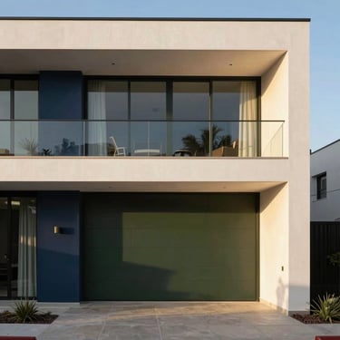 Modern minimalist residential house facade in Mexicali, warm afternoon light, clean architectural lines