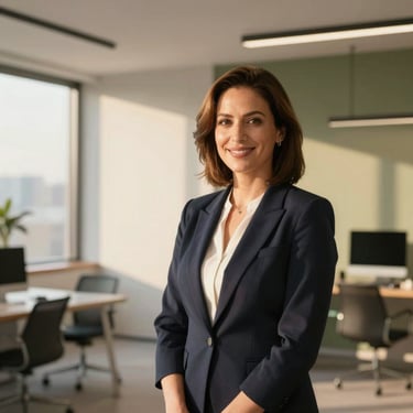 Professional headshot of a female mortgage specialist in natural golden hour light, modern minimalist office, smiling, warm professional portrait