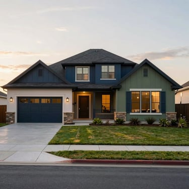 Spacious suburban family home exterior with a clean driveway and green grass, warm golden hour