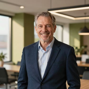 Professional headshot of a senior male real estate broker in a warm natural light setting, wearing a navy blazer, smiling confidently, modern office background