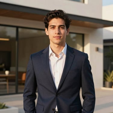 Professional portrait of a young male real estate advisor, warm outdoor natural light, modern architectural background in Mexicali, confident look