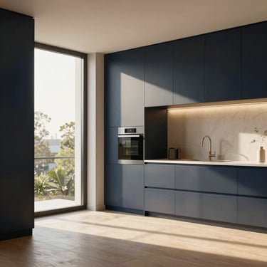 Elegant contemporary apartment interior with natural light streaming through large windows, minimalist design