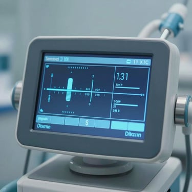 Macro shot of a sleek medical device digital interface with clean blue glowing metrics, high detail, sterile background
