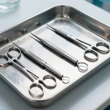 Surgical instruments laid out on a sterile metal tray, cold clinical white lighting, high-detail macro shot