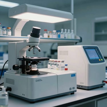 Clean laboratory environment with diagnostic analyzers and sterile glass vials under precise white light