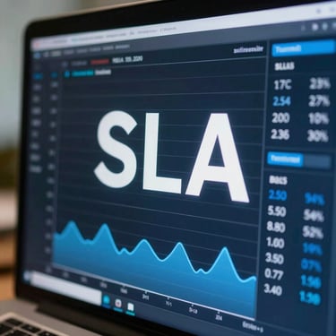 Macro close-up of a real-time operational dashboard showing SLA metrics, clean blue data graphs on a dark screen, modern office setting.