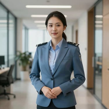 A portrait of a professional female security consultant in a muted blue blazer, standing in a bright office hallway with a confident expression.