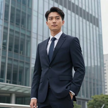 A portrait of a male lead auditor in a sharp dark navy suit, standing in front of a modern glass skyscraper with a professional and reliable demeanor.