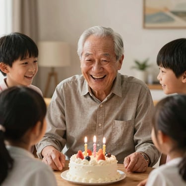 An elderly grandfather laughing surrounded by grandchildren at a warm, indoor birthday celebration, soft ambient lighting.