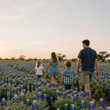 A family walking through a field of wild bluebonnets under a soft Texas sunset, candid movement and natural interactions.