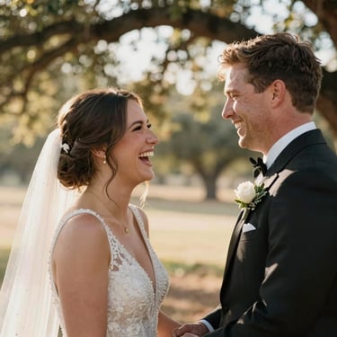 A candid close-up of a bride and groom laughing during outdoor vows, warm Texas golden hour light filtering through oak trees.