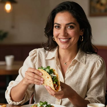 A portrait of a smiling woman in a North American / Mexican setting, wearing a sophisticated linen blouse, holding a taco with fresh cilantro and onion, warm sunlit atmosphere.