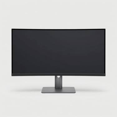 clean product photography of a sleek ultrawide computer monitor, high-key studio light, light gray background