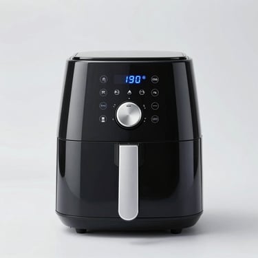 Modern black digital air fryer, clean product photography on a seamless light gray background, high-key studio light