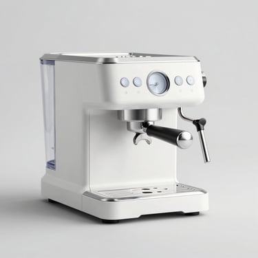 clean product photography of a modern minimalist espresso machine, high-key studio light, light gray background