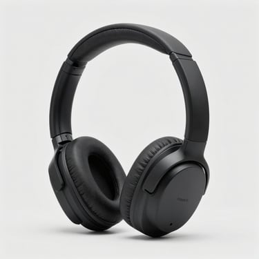 clean product photography of premium matte black over-ear headphones, high-key studio light, light gray background