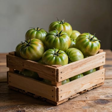 A wooden crate overflowing with green heirloom tomatoes sitting on a rustic table, soft side-lighting casting long shadows.