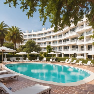 Outdoor pool area surrounded by lounge chairs and lush greenery under a clear blue sky.