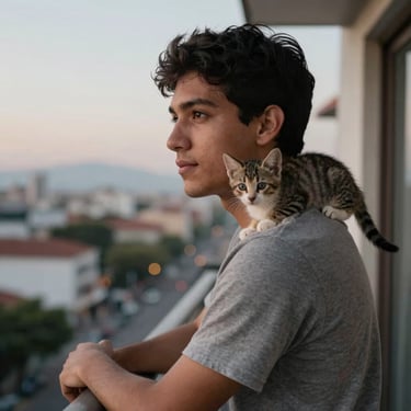 A candid shot of a young Latin American man sitting on a balcony with a small kitten on his shoulder. Background shows a soft city view at dusk.