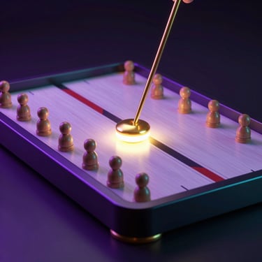 Polished 3D render of a modern Carrom board with a glowing golden striker hitting wooden carrom men, dark atmosphere