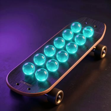 Detailed 3D render of a sleek black Jackaroo wooden board with glowing neon cyan marbles, dramatic studio lighting
