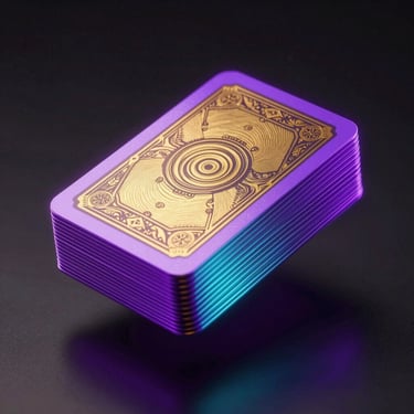 Macro 3D render of a premium Baloot card deck with gold foil patterns and neon purple edges, floating over a dark surface