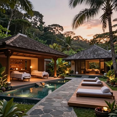 An open-air Ayurvedic wellness pavilion made of dark teak wood, surrounded by lush Queensland ferns at golden hour.