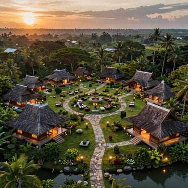 A stone-paved heritage village pathway flanked by reflecting pools, inspired by ancient Sri Lankan monastic architecture.